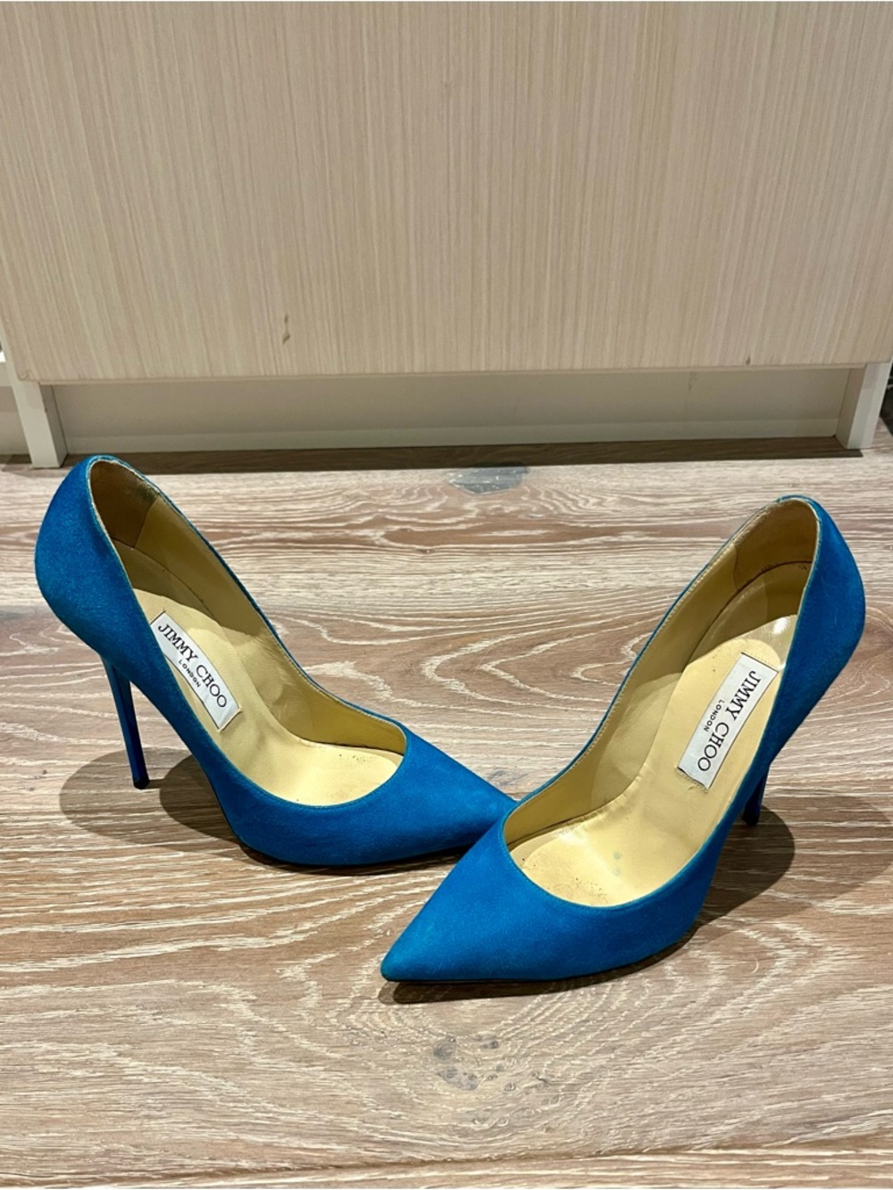Jimmy Choo Anouk Blue Suede Pointed-Toe Stiletto Pumps - Picture 3 of 5